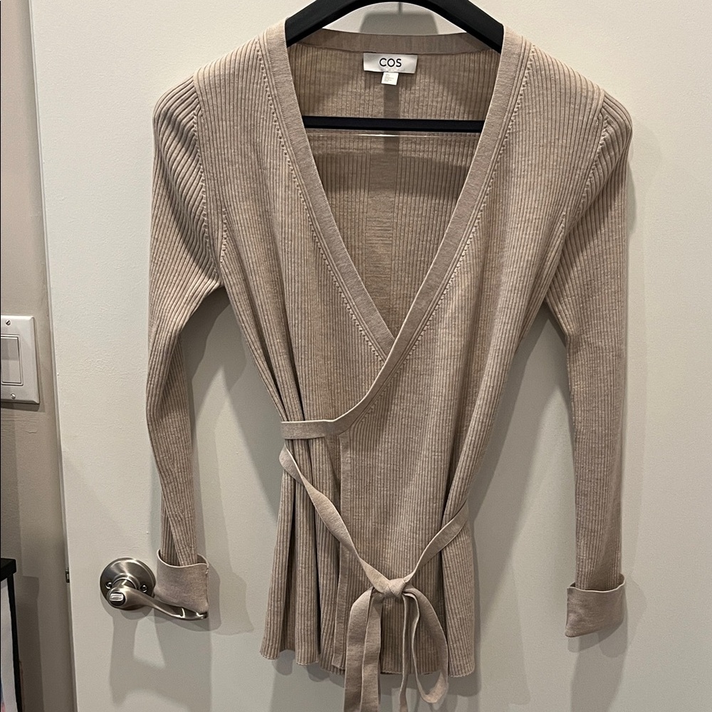 COS Beige Ribbed V-Neck Wrap Sweater